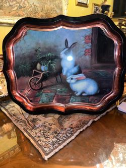 Vintage Tole Metal Tray with Rabbits