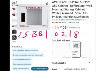 AMERICAN HOSPITAL SUPPLY AED Cabinet | Defibrillator Wall Mounted Storage Cabinet White | Alarmed | Small Fits Phillips/Heartsine/Defibtech small with