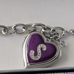 NEW Liz Claiborne Silver Bracelet Heart Locket S Mongram Crystals