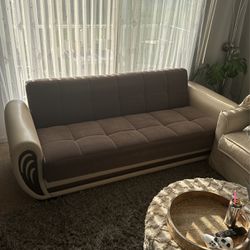 Brown/Cream Leather Fold Couch