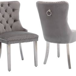 Set Of 2 Dining Chairs Velvet Light Gray With Chrome Legs 