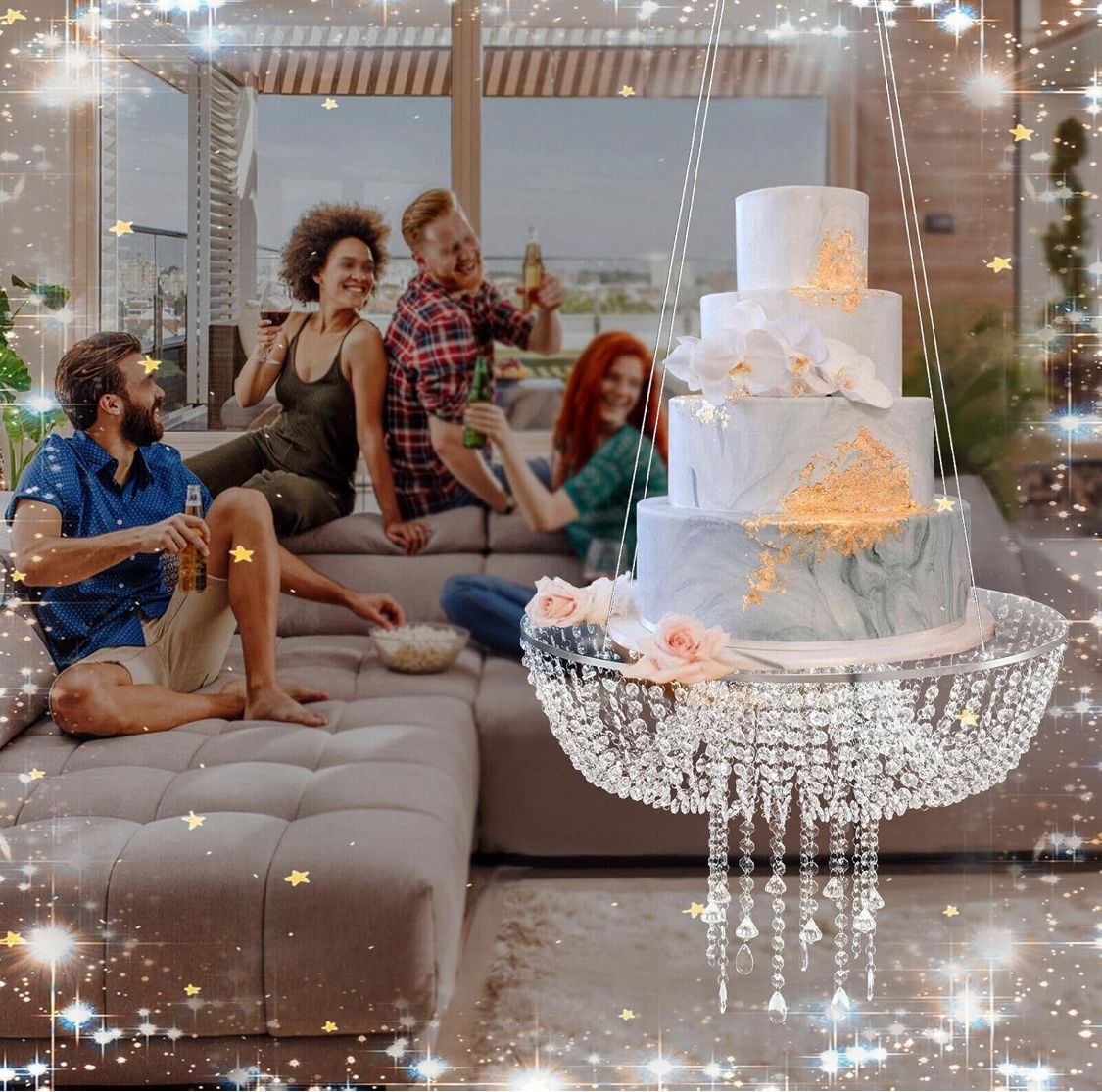 Cake Stands Faux Acrylic Crystal Chandelier Style Drape Suspended Cake Swing for Wedding Event Party Decoration (D 23.6“, Acrylic)