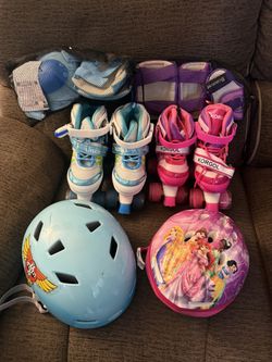 2 Set Of Roller Blades, 2 Protective Gear Kits, And 2 Helmets