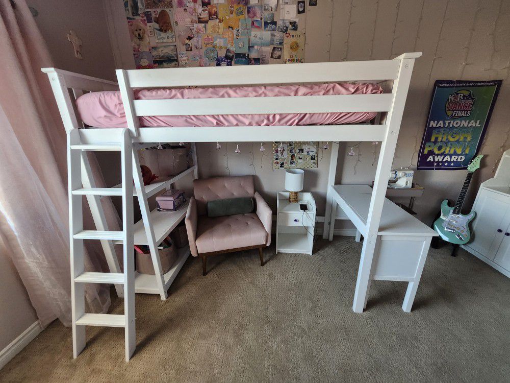 White Loft Bed With Bookshelf And Desk
