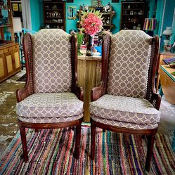 1960’s-70’s Lewittes Furniture Pair Of Wood, Cane And Wing Backed Chairs