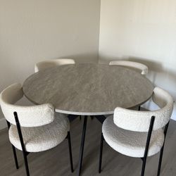 White Bouclé Dining Chairs (Set of 4) + Gray Round Dining Table – $260