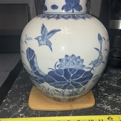 New Condition Large Blue And White large, mid-century Chinese ceramic ginger jar featuring a lotus and bird motif
