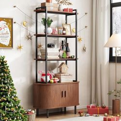 71" Tall Bookshelf, 4-Tier Book Shelf with Storage Cabinet, Modern Bookcase with Sliding Door and Adjustable Footpad, Freestanding Storage O