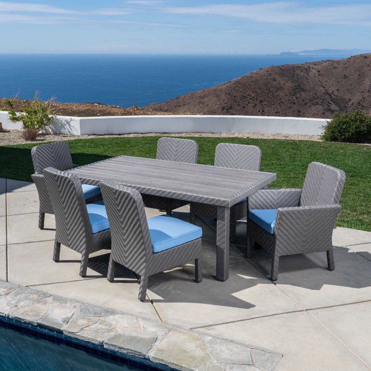 New 7pc outdoor patio furniture dining set sunbrella tax included