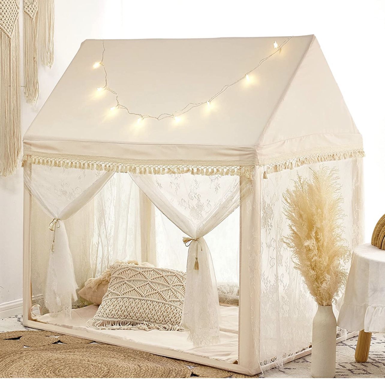  Kids Play Tent Large Playhouse with Mat/Star Light/Star Garland/Tassel Macrame Boho Style Indoor&Outdoor Play Tent for Kids, Neutral Color, 52x35x52