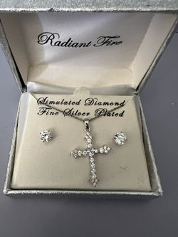 Silver Plated CZ Earrings & Cross Necklace