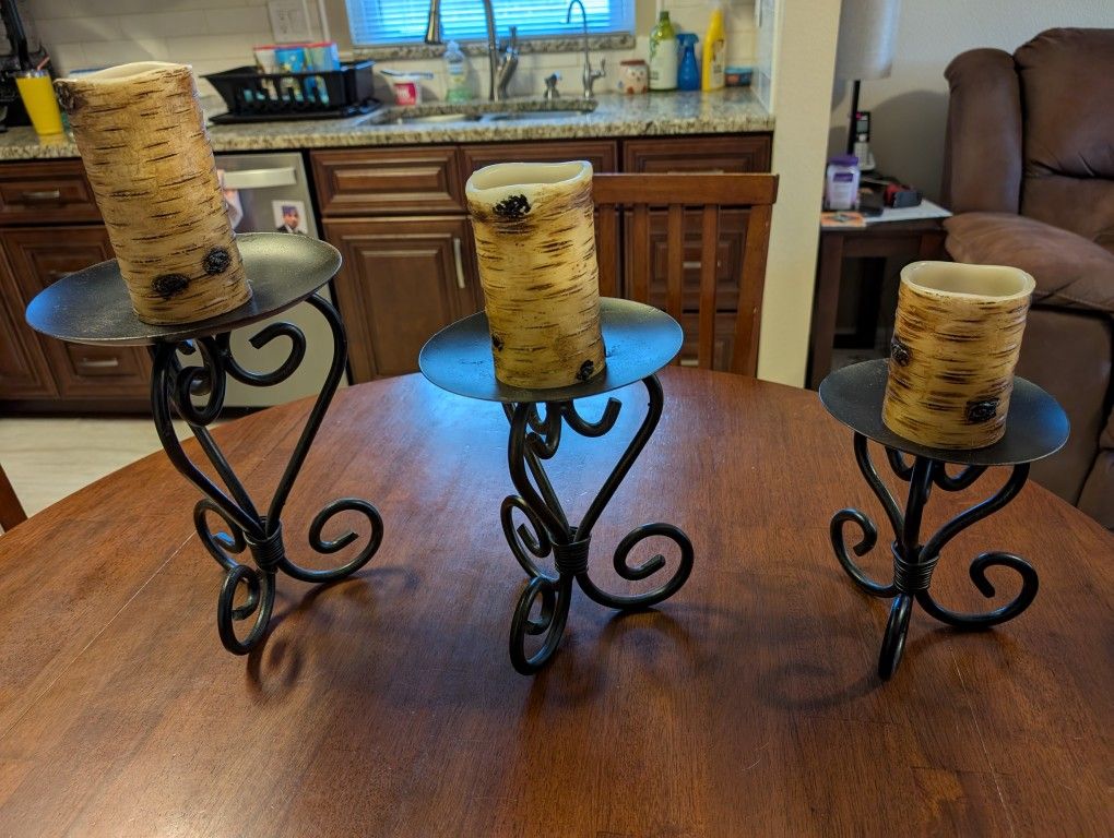 Large Metal Set Of Three Candle Holders Wood Look Flameless Candles With Remote Heavy