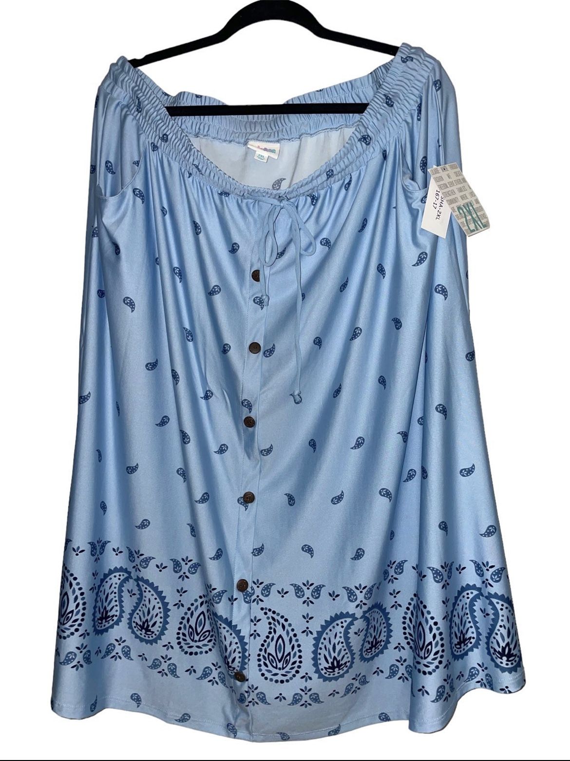 LuLaRoe 2XL Marsha Button Down Skirt • Light Blue w/Paisley Designs • Pockets