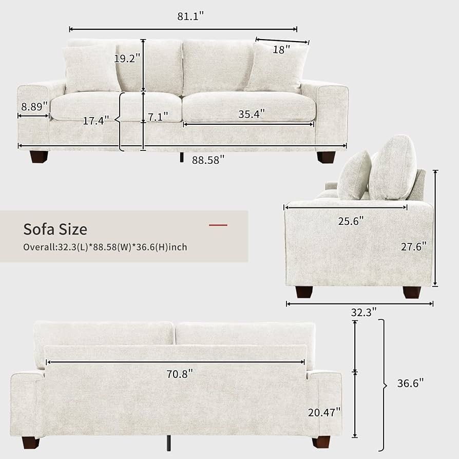 88.58" Chenille Sofa Couches for Living Room, 3 Seater Sofa with 2 Pillows, Small Modern Love seat Couch for Small Spaces, Office (Beige, 88.58 inches