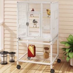 Wooflex Metal Parrot Cage with Rolling Stand & Castor Wheels, 41-in, White