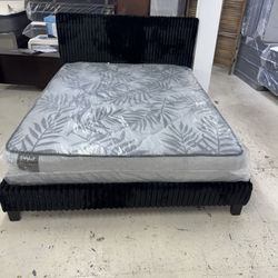 Queen Bed Frame + Perfect Dreamer Mattress $599 - Black Channel Tufted Velvet