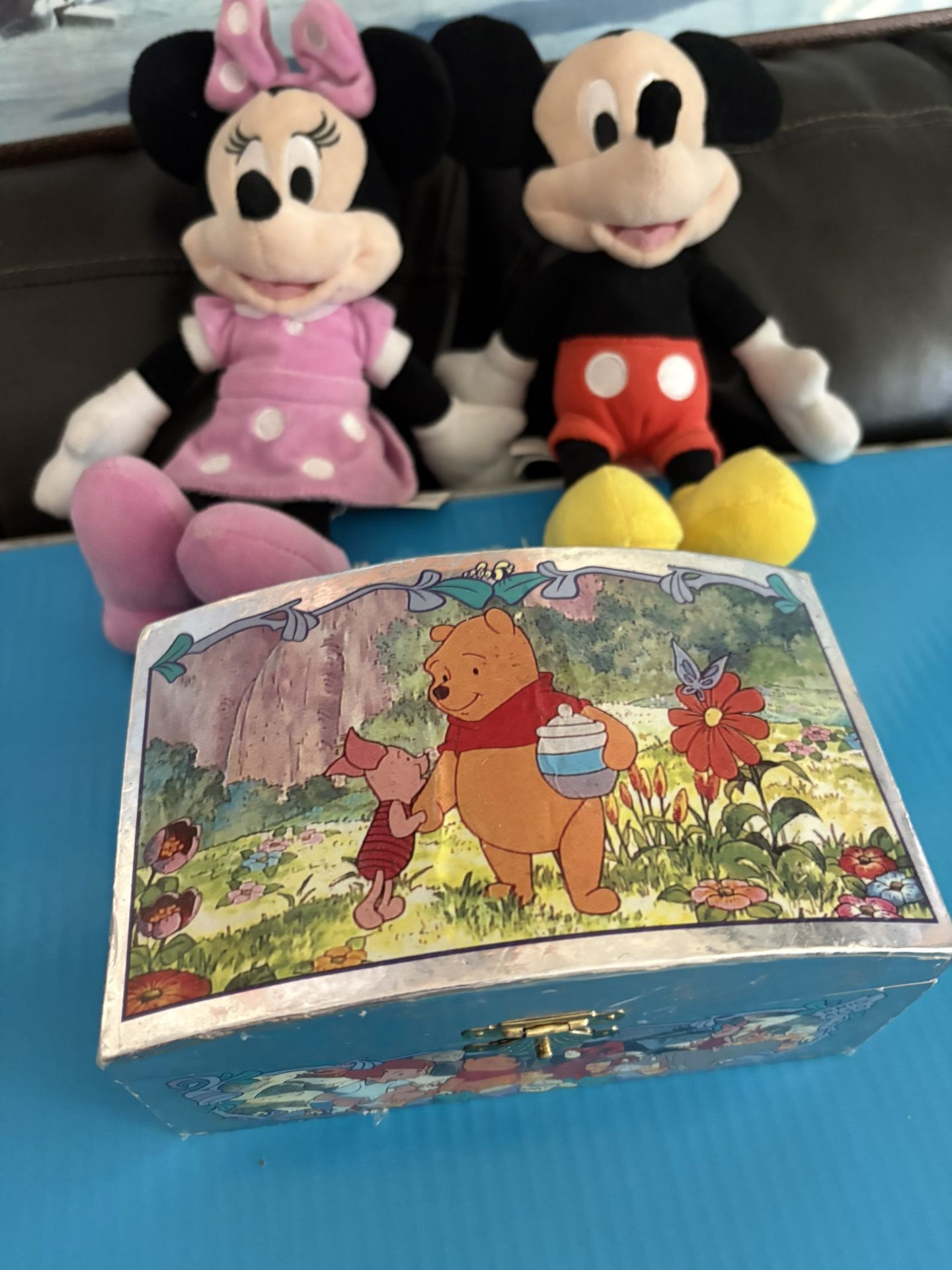 Disney 1960s Winnie The poo Music Jewelry Box Also Mickey And Money Mouse Plush Dolls