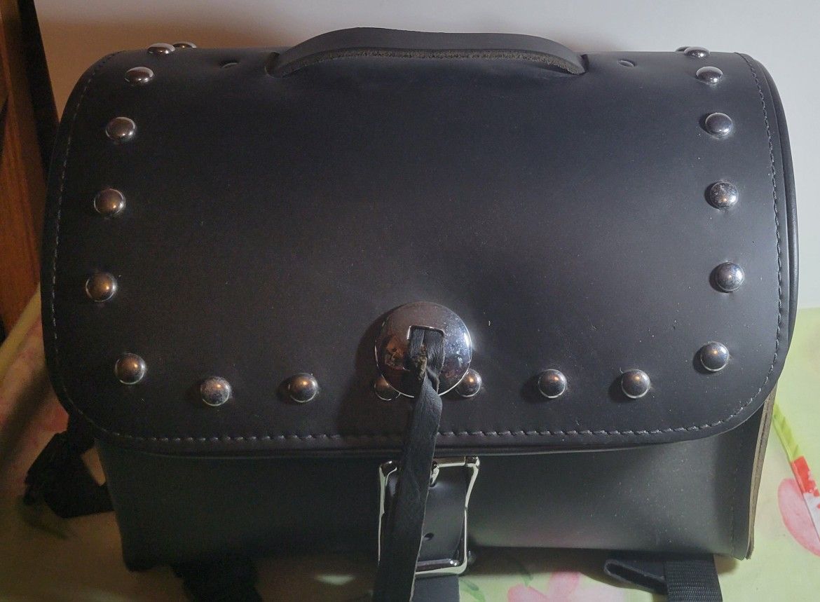 Leather Motorcycle Black Trunk/ Sissy Bar Bag with Studs Quick Release Straps 12" X 9" X 7.5 "