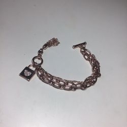 Rose Tone Toggle Bracelet With Rhinestone Heart And Tassle