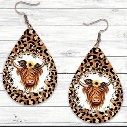 Brown Animal Print Highland Cow Sunflower Leopard Faux Leather Dangle Earrings- Silver