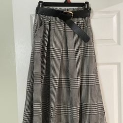 Women's Midi Box Pleated Skirt Houndstooth Pattern With Belt