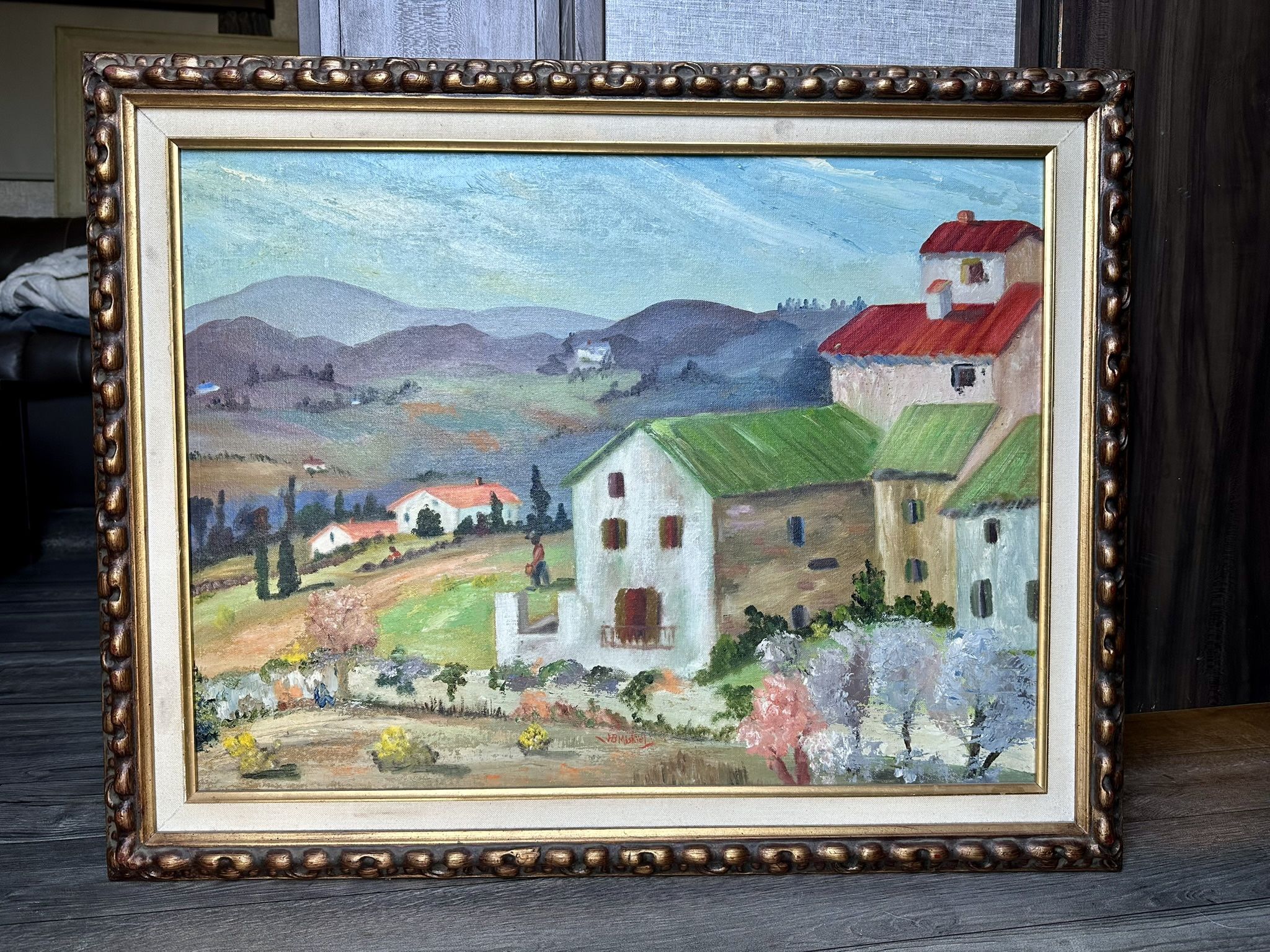 Vintage Oil Painting On Canvas - Signed by Helene B Miskiel of a Countryside in Italy 29"x 22"