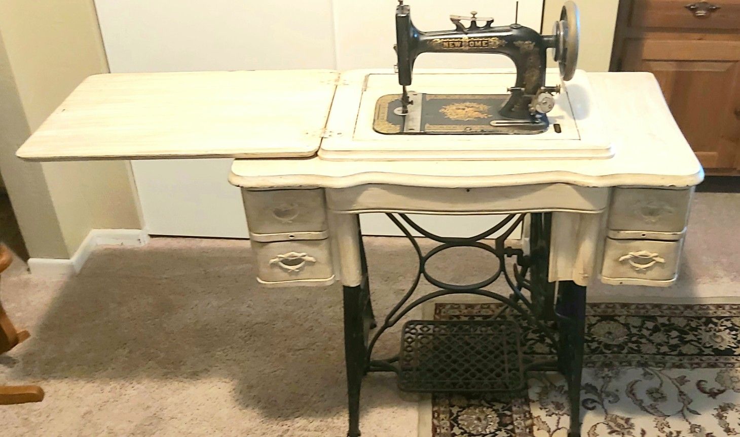 White New Home Treadle Sewing Machine 