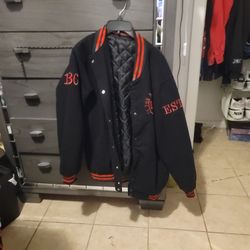 Red Bomber Jacket With Embroidered Graphics