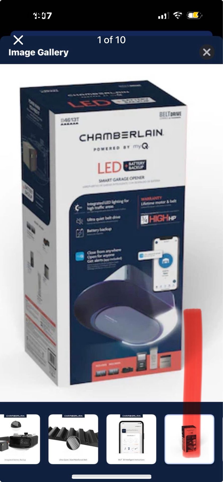 Chamberlain B4613T 1 1/4HP LED Smart Garage Door Opener - Black