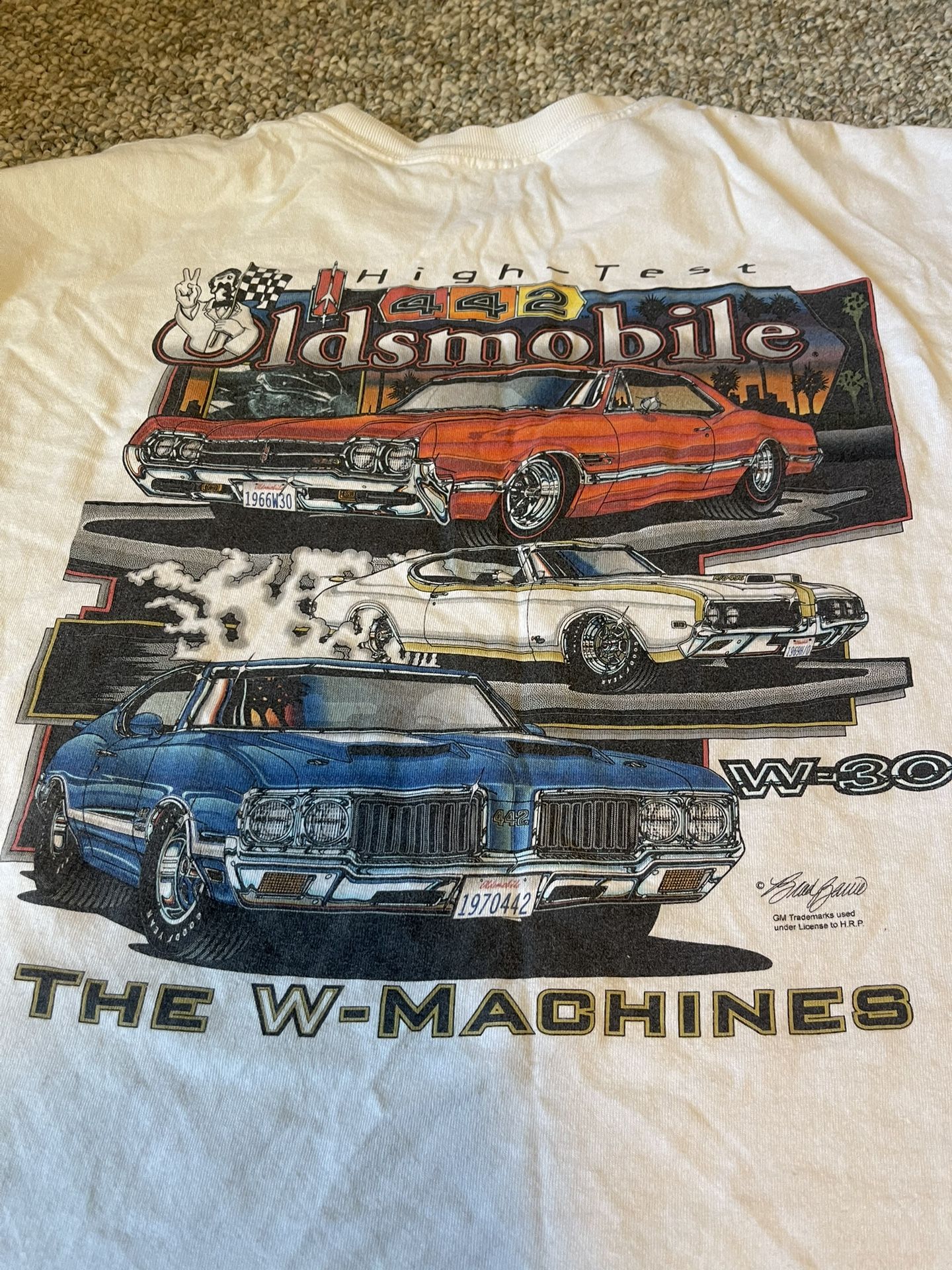 Vintage 1990s Oldsmobile W-Machines W-30 442 High-Test Muscle Car Graphic Tee Shirt (size adult XL)