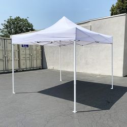 (NEW) $110 Heavy-Duty 10x10 ft Popup Canopy Tent Instant Shade w/ Carry Bag Rope Stake, White/Blue
