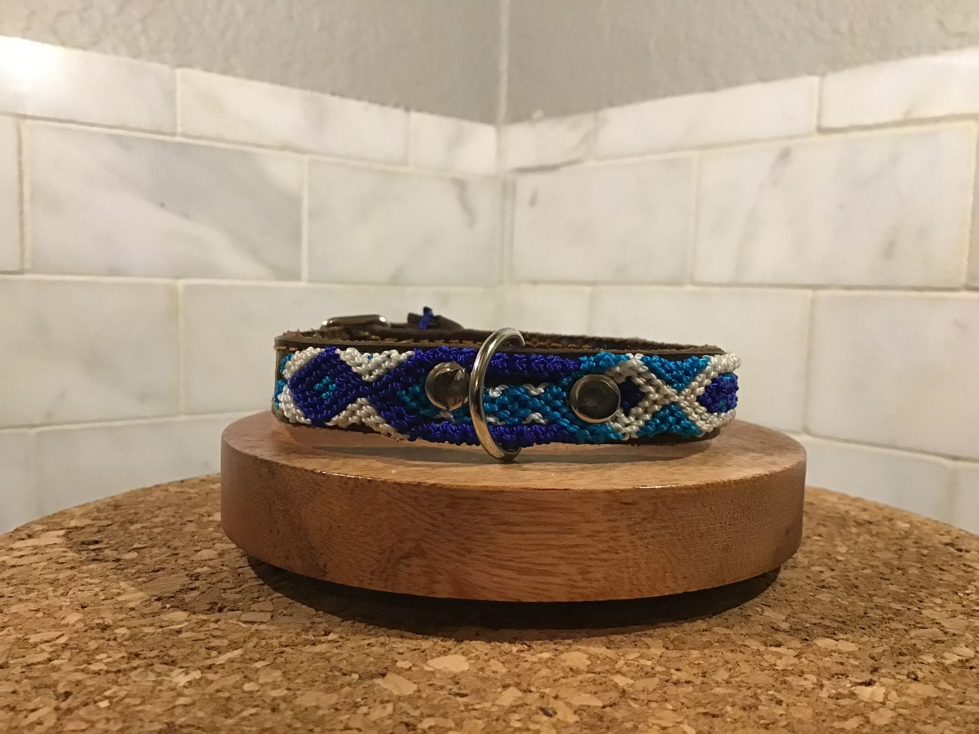 Handmade Dog Collar – 10” XS – Blue & White Artisan Wave Pattern