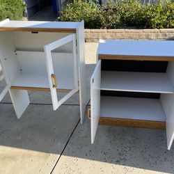 Two Piece White & Tan Manufactured Wood Storage Cabinett