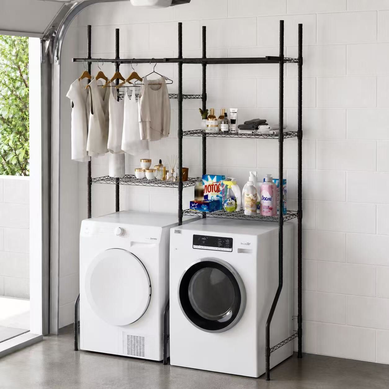 New In Box 66”W x 21”D x 77”H Adjustable Clothing Hanging Drying Rack Over The Washer And Dryer Garage Storage Organizer Shelf