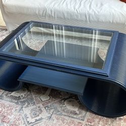 Vintage Coastal Lacquered Pencil Reed Scroll Coffee Table Navy Blue