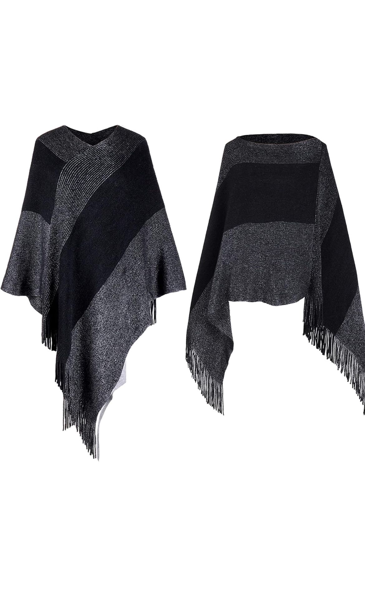 Womens Poncho Sweater V Neck Striped Pullover Soft Scarf Wrap Cape with Fringes