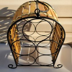 Metal Black Woven Wood 5 Bottle Counter Top Wine Holder Rack With Handle