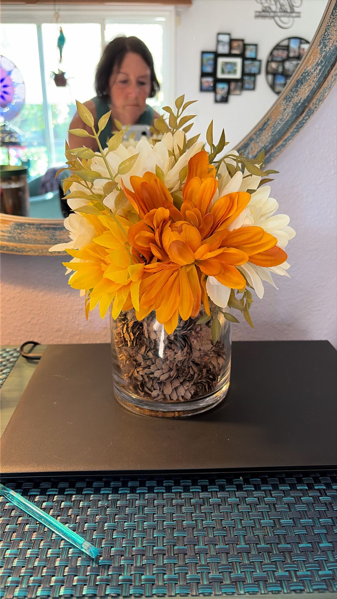 artificial Flowers In Vase With Pinecones
