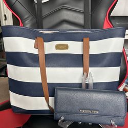 Michael Kors Navy White Striped Tote Bag Brown Handles Matching Wallet