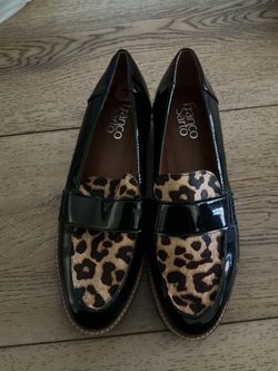 Brand New Franco Sarto Black Patent Leopard Penny Loafers