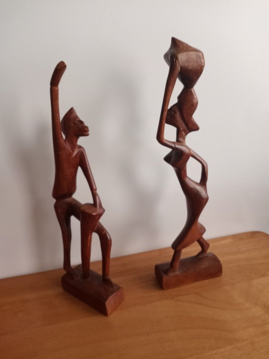 Vintage Hand Carved African Abstract Couple Tribal Folk Art Sculpture Set
