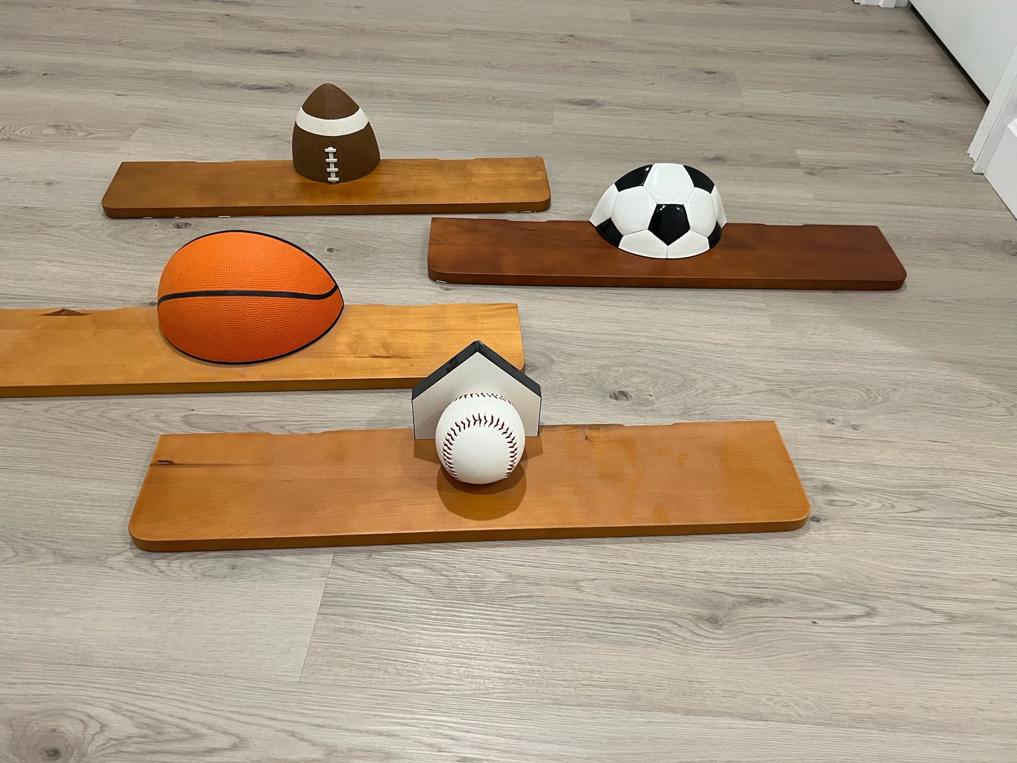 Set of 4 Sports Themed Shelves in Great Condition 6”d x 28 long Smoke and pet free household