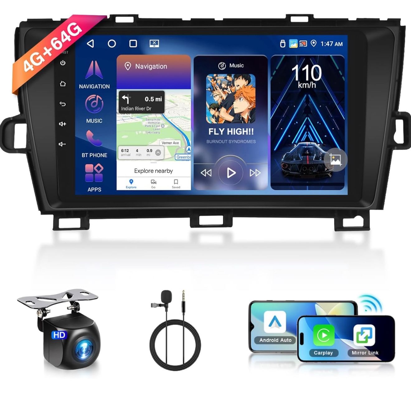 【4G+64G】 for Toyota Prius 2010-2015 Android Car Radio Stereo with Wireless CarPlay Android Auto,9 inch IPS Touchscreen Car Stereo Bluetooth5.0, GPS, W