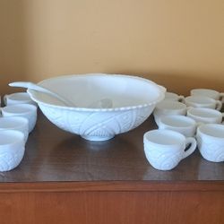 Vintage Milkglass Punchbowl With Cups