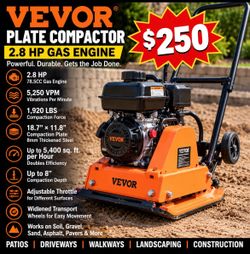 VEVOR Plate Compactor – 2.8 HP Gas Engine – 1,920 LBS Compaction Force – New