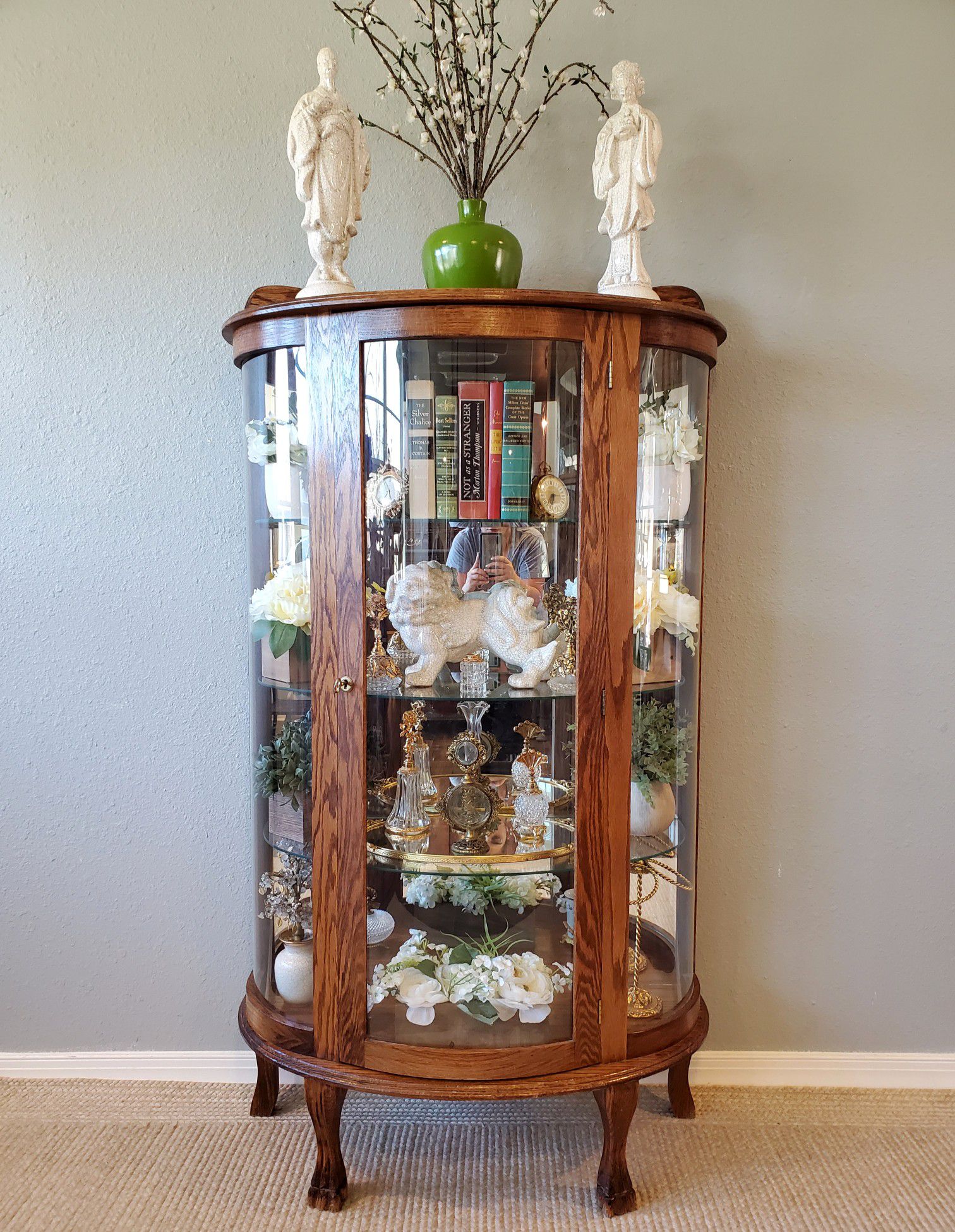 Antique, Curved Glass Curio Cabinet, With Key And Light!