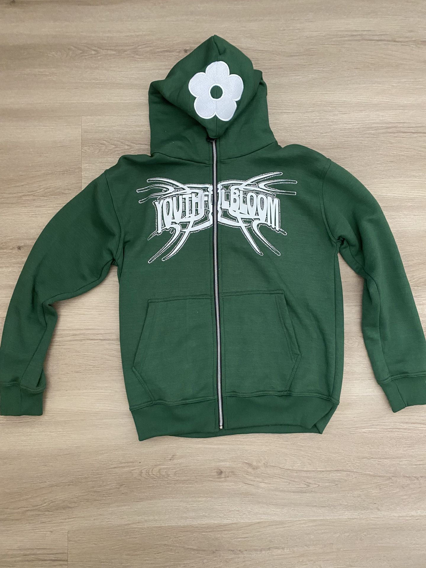 Green Full Zipup With Rhinestones And Flower Zip Tag