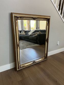49x39 Extra Large Vintage Crackled Cream Ivory & Gold Ornate Beveled Framed Wall Mirror