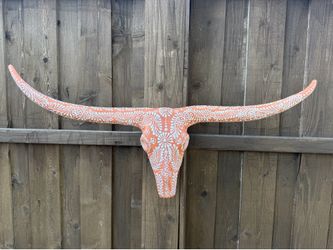 Mexican Talavera Terracota Longhorn Skull Wall Decor, Pottery, Clay Pot, Planter.