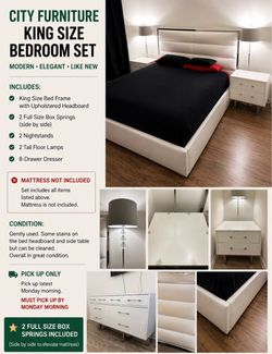 City Furniture King Bedroom Set - Headboard/bedframe + 8 Drawer Dresser, 2 2-Drawer Nightstands, 2 Box Springs & 2 Tall Lamps